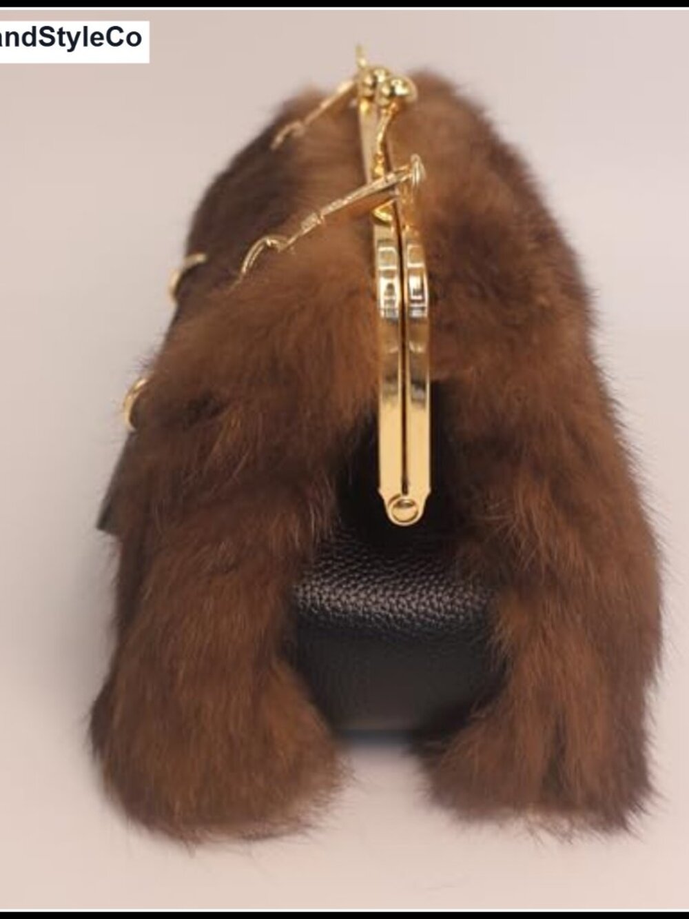 Genuine Rabbit Fur Kisslock Clutch Handbag with Gold-Tone Chain - Picture 6 of 6